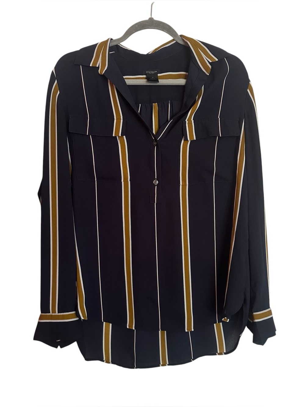 Navy Ann Taylor Striped Button Up Blouse Medium Stretchy